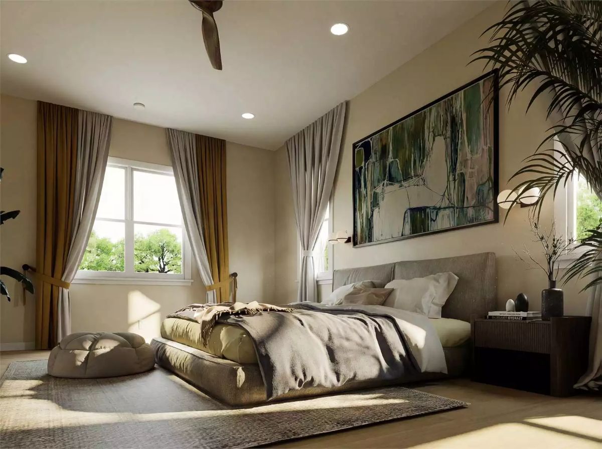 Serene Bedroom with Abstract Art and Palm Fronds Casting Soft Shadows