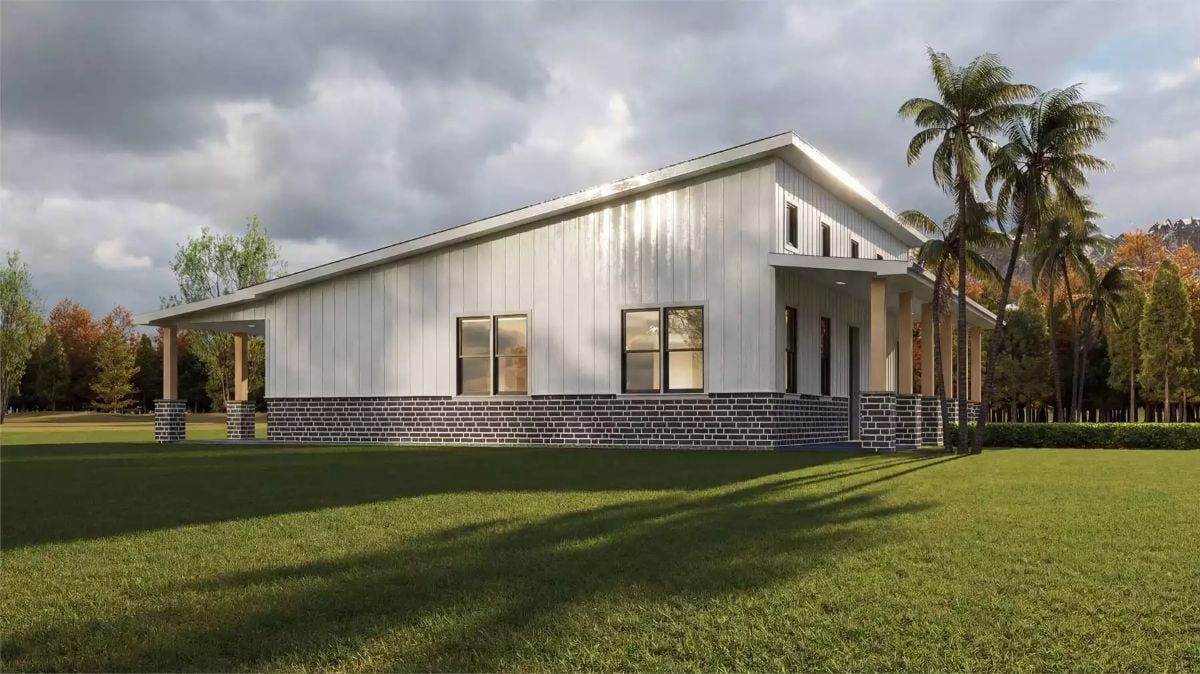 Light Gray Board-and-Batten Exterior with Brick Base and Covered Porches