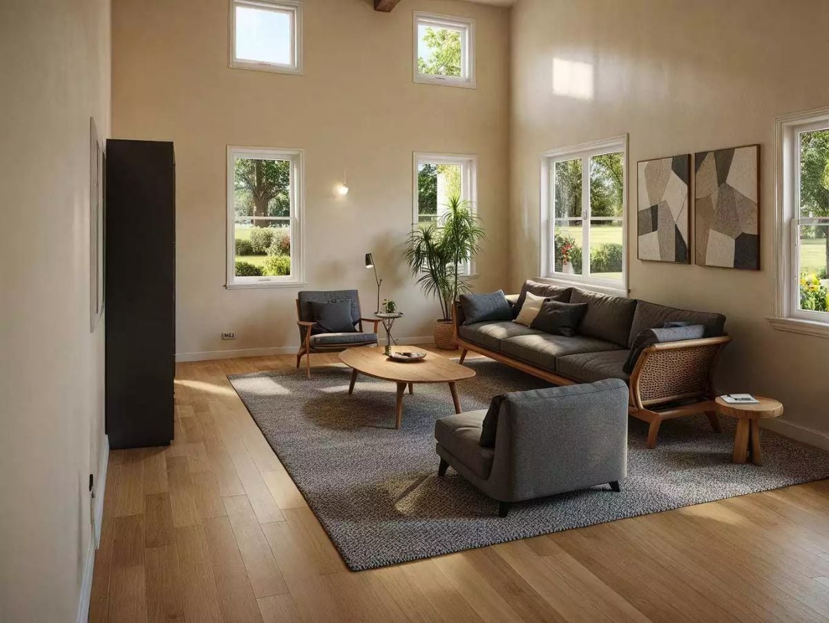 Mid-Century Modern Living Area with Tall Windows and Natural Light