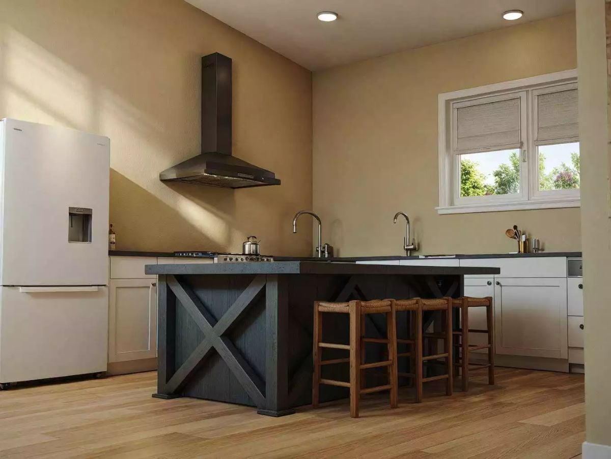 Kitchen Island with Dark Cross-Panel Base and Gray Concrete Countertops