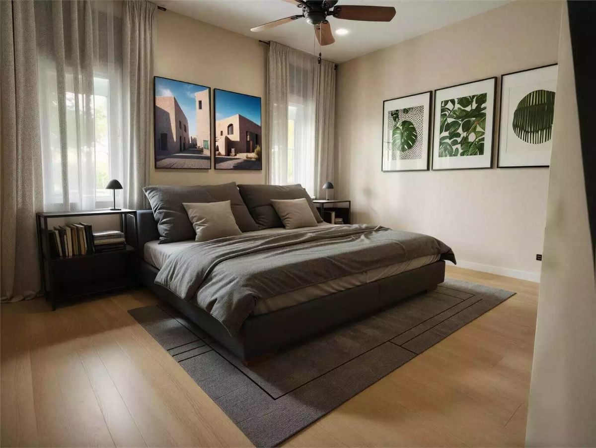 Primary Bedroom with Botanical Prints and Platform Bed on Pale Oak Floors