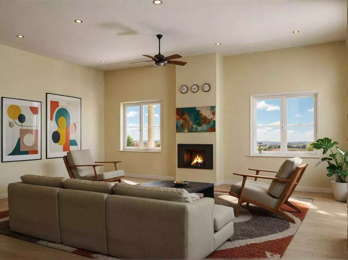 Mid-Century Modern Living Room with Corner Fireplace and Desert Views