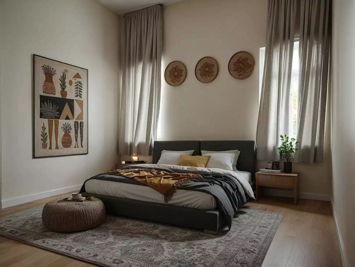 Tranquil Bedroom with Dark Green Upholstered Bed and Woven Wall Art