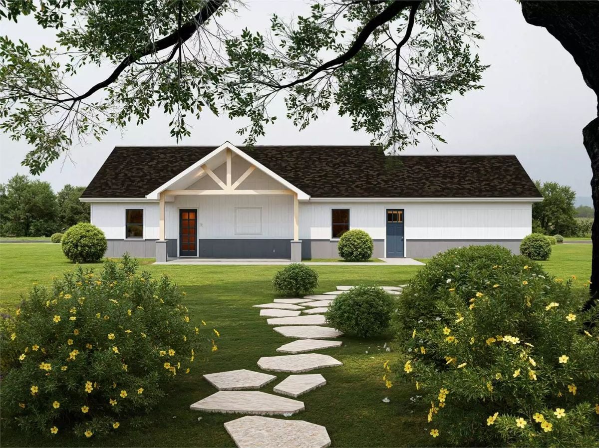 Welcoming Duplex Exterior with Farmhouse Charm and Landscaped Grounds