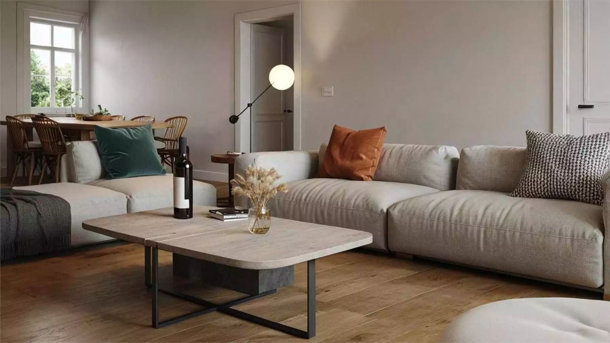 Minimalist Living Room with Modern Lamp and Neutral Upholstery