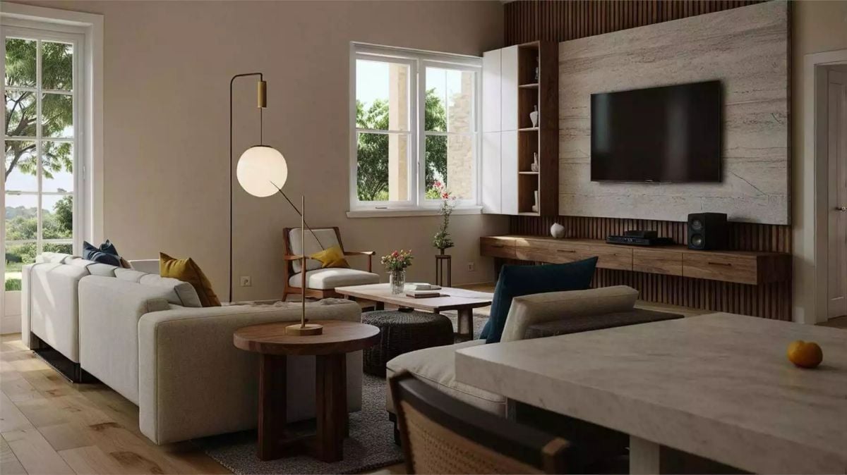 Contemporary Living Space with Wood Accents and Earth Tones