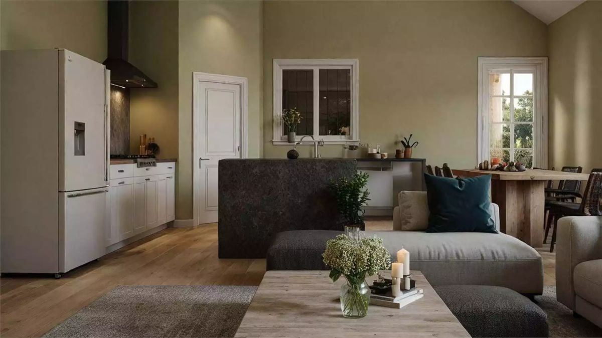 Open-Concept Living with Dark Stone Island and Natural Wood Floors