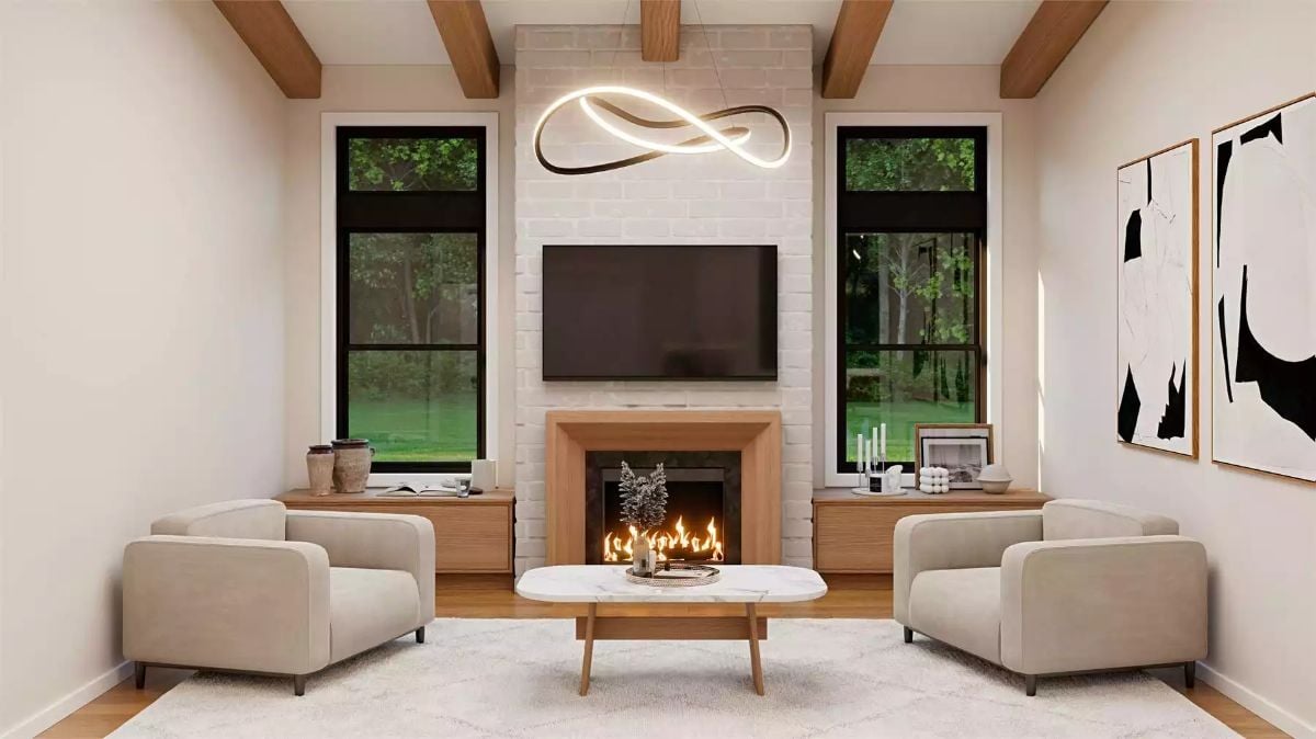 Symmetrical Living Room with White Brick Fireplace and Modern Lighting