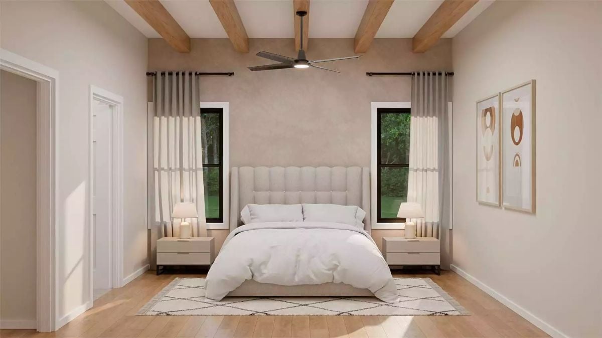 Primary Bedroom with Exposed Wood Beams and Tufted Upholstered Headboard