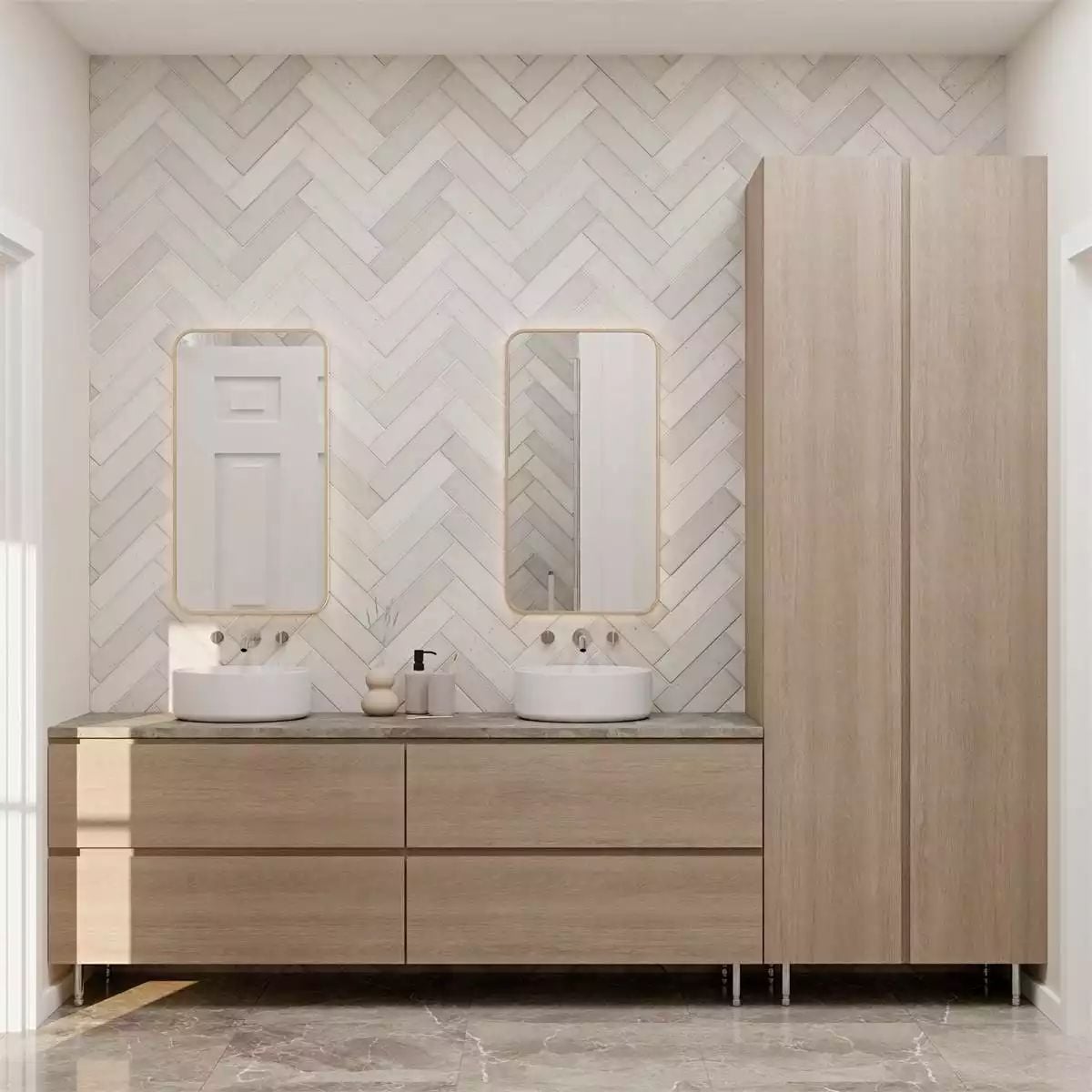 Dual Vanity Bathroom with Herringbone Tile and Rounded Brass Mirrors