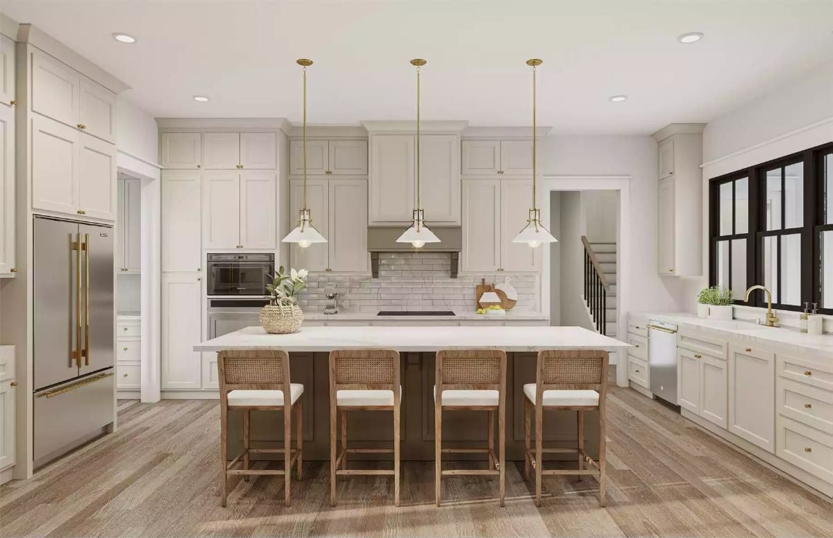 Bright Kitchen with Pendant Lighting and Woven Counter Stools