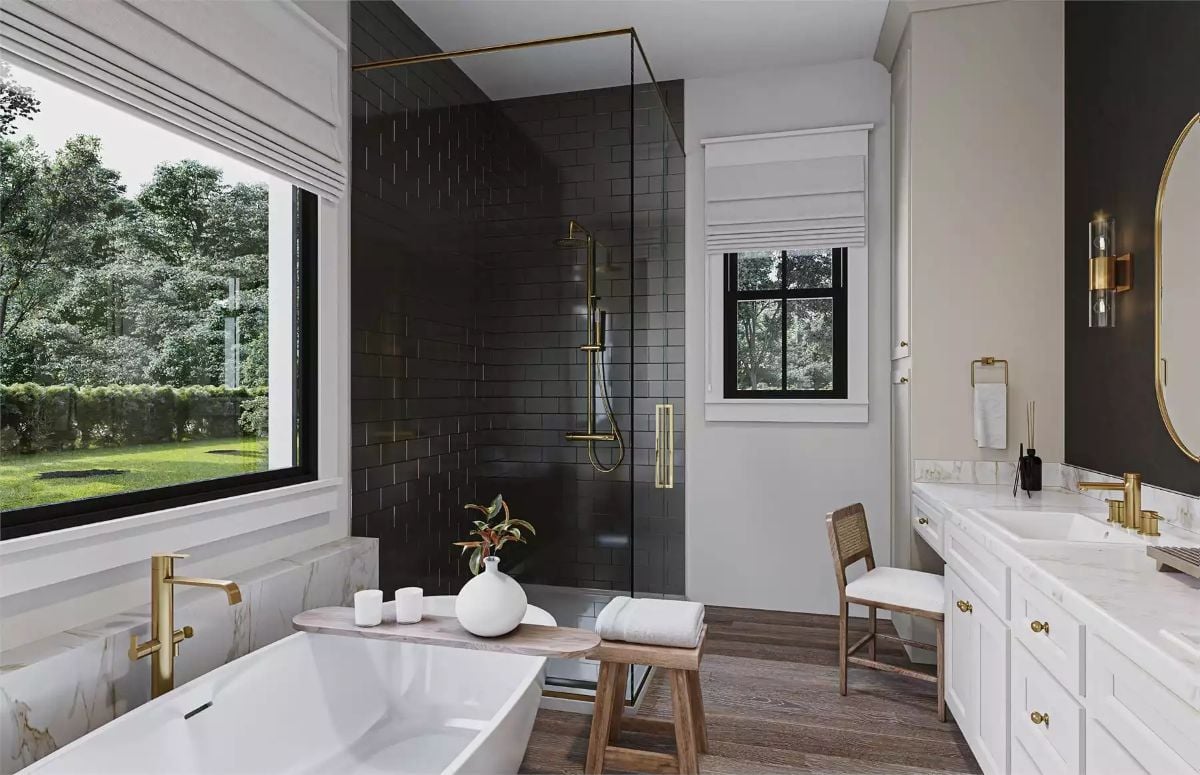 Spa-Inspired Bathroom with Black Subway Tiles and Brass Fixtures