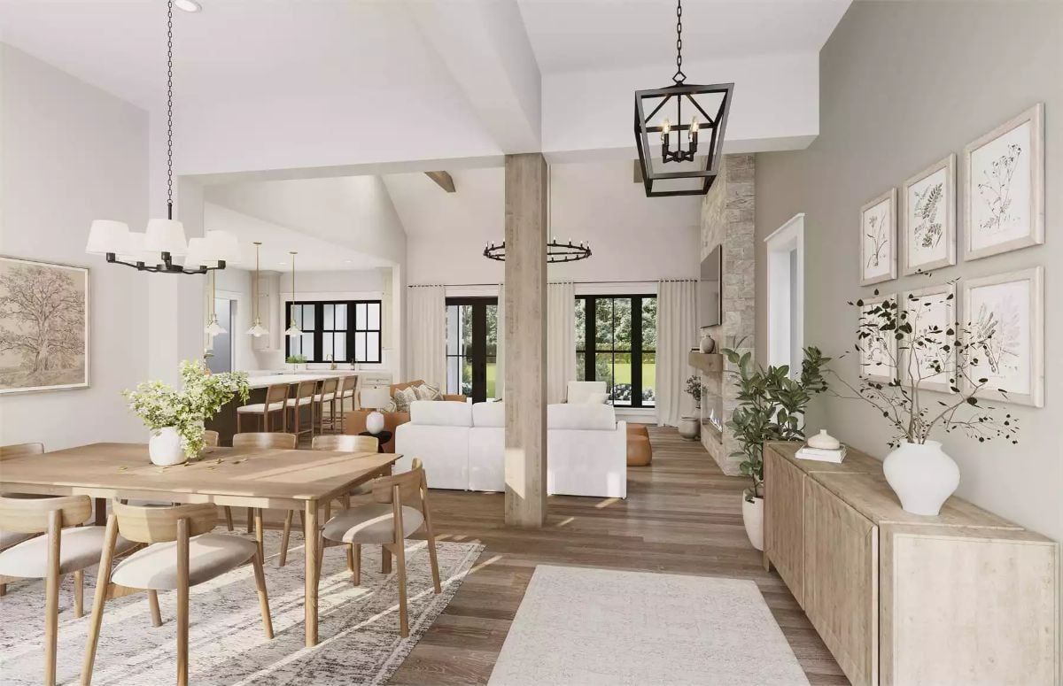Vaulted Great Room with Natural Wood Tones and Black-Framed Accents