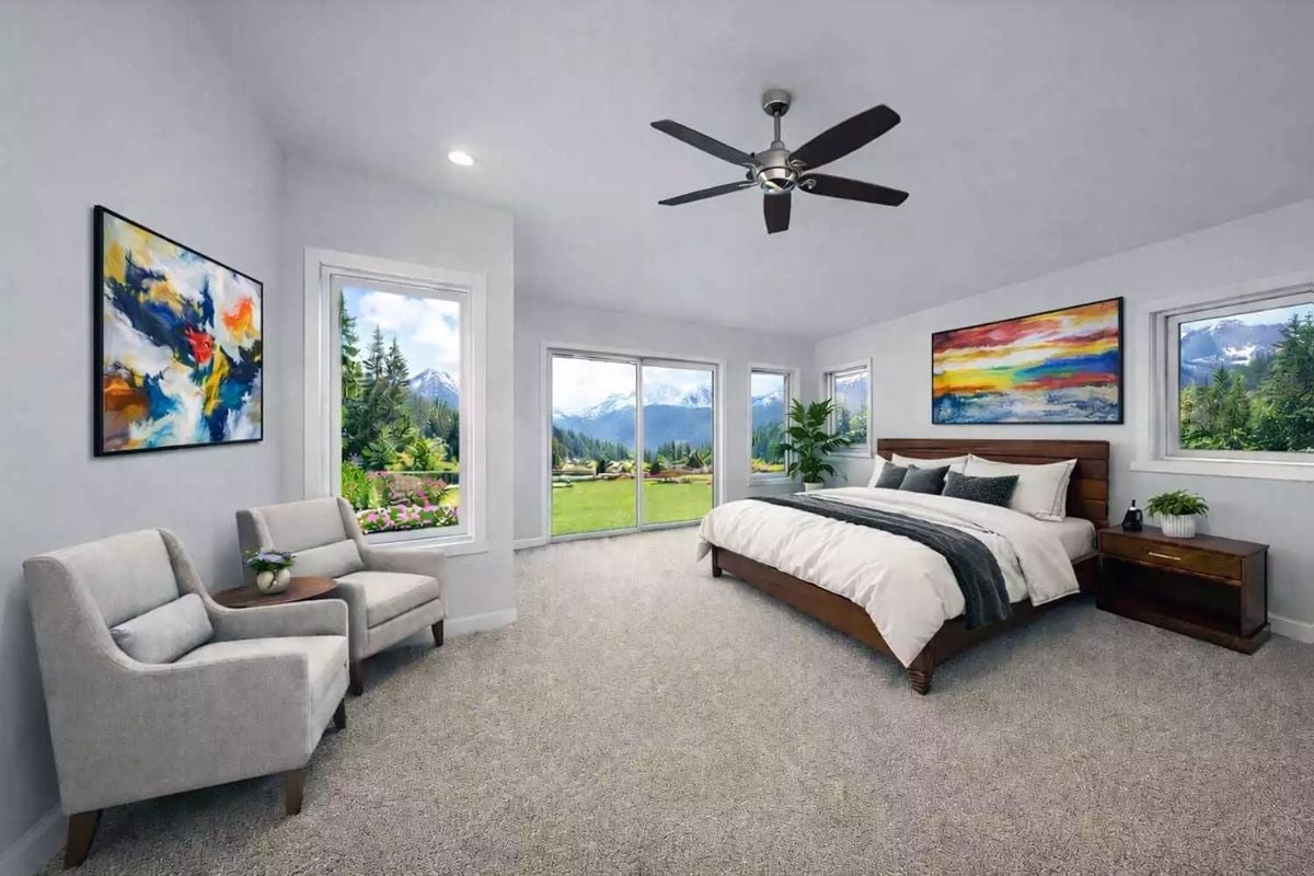 Vaulted Primary Bedroom with Panoramic Mountain Views and Sitting Area