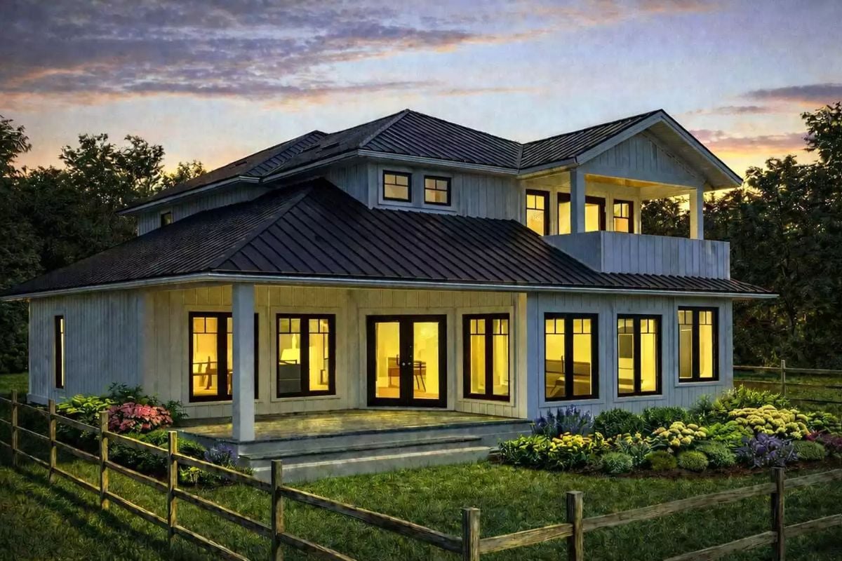 Modern Farmhouse Glows at Twilight with Metal Roof and Board-and-Batten
