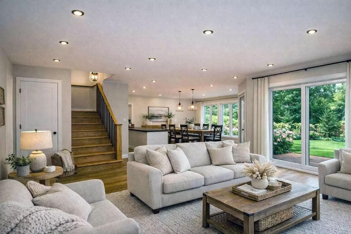 Open Living Space Flows Into Dining Area with Natural Light