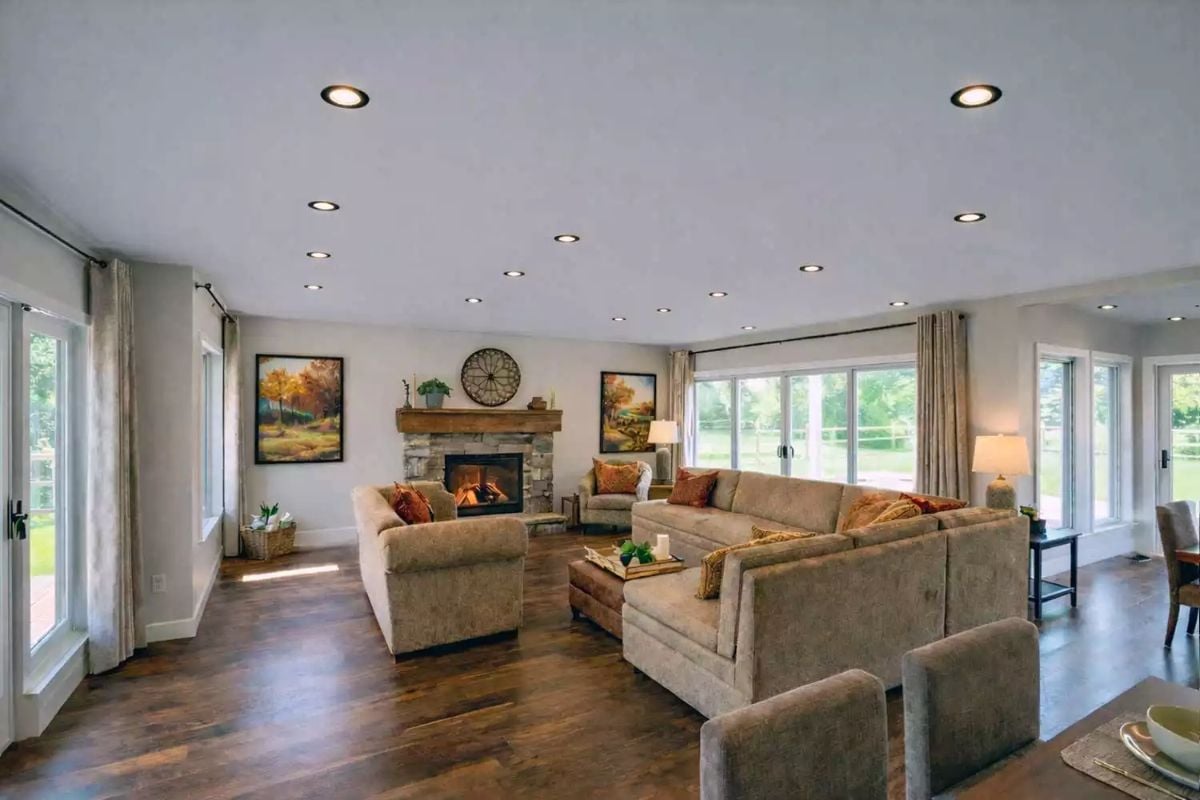 Neutral Living Room with Stone Fireplace and Recessed Ceiling Lights