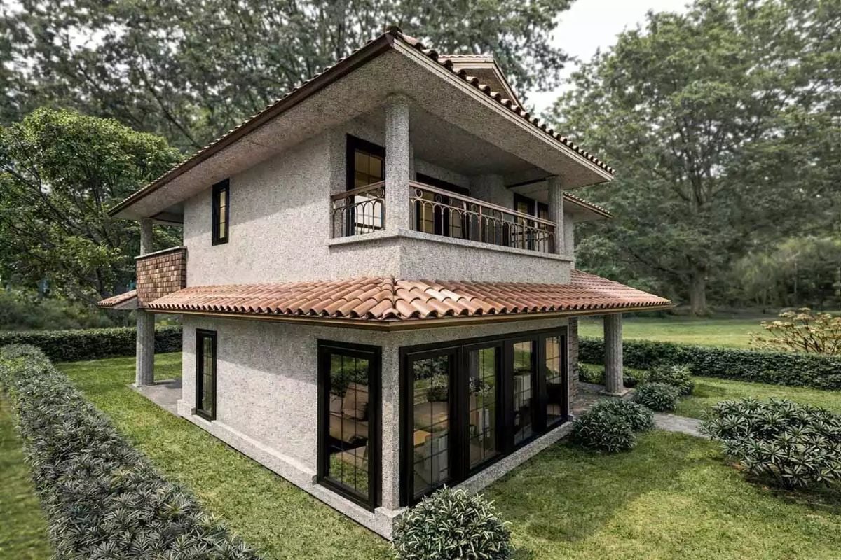 Exterior View with Terra Cotta Tile Roof and Second-Story Balcony