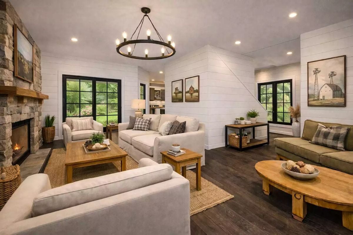 Modern Farmhouse Living Room with Shiplap Walls and Circular Iron Chandelier