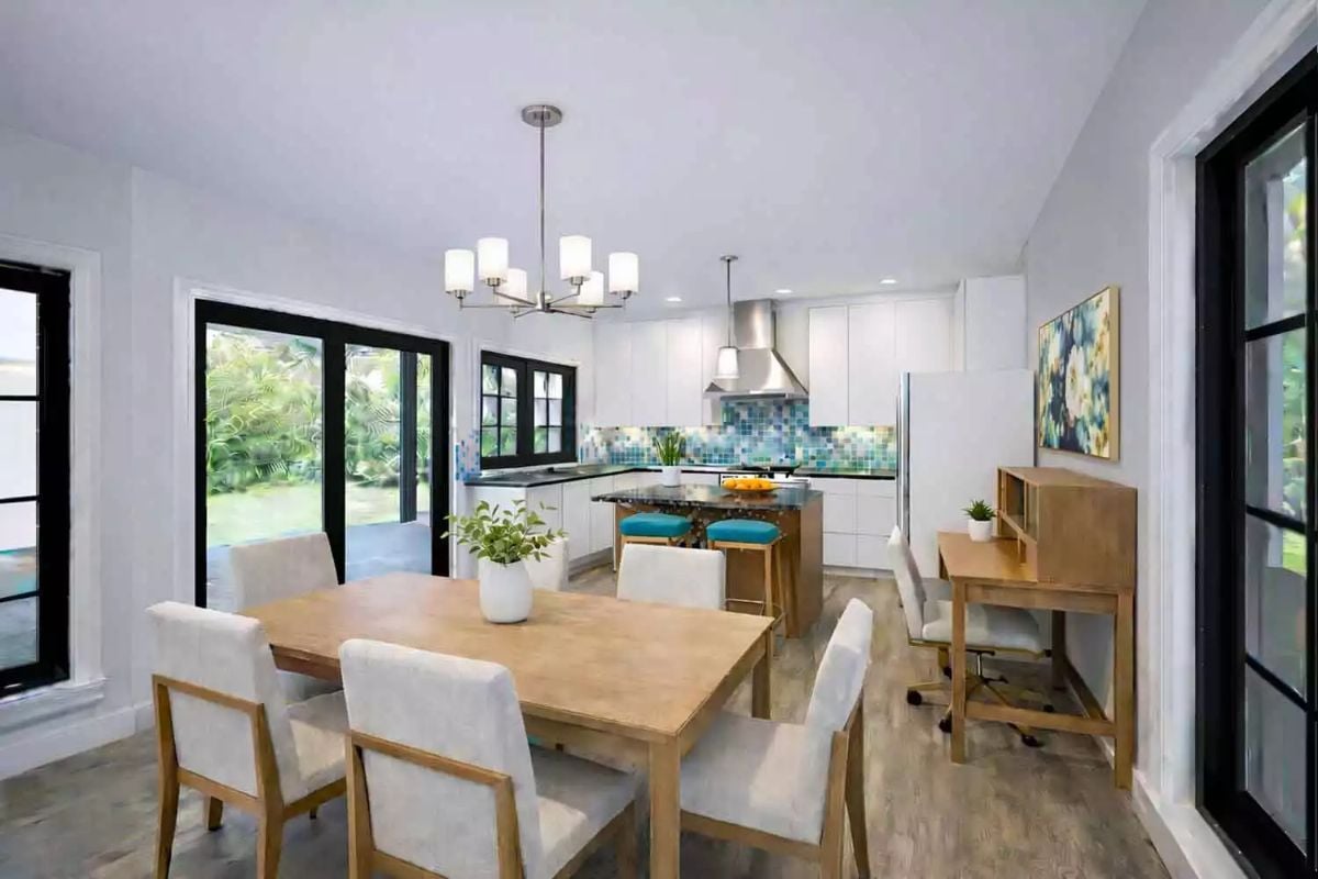 Open-Concept Kitchen and Dining Area with Blue Mosaic Tile Backsplash