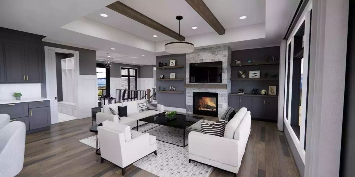 Open-Concept Living Room with Stone Fireplace and Built-In Shelving