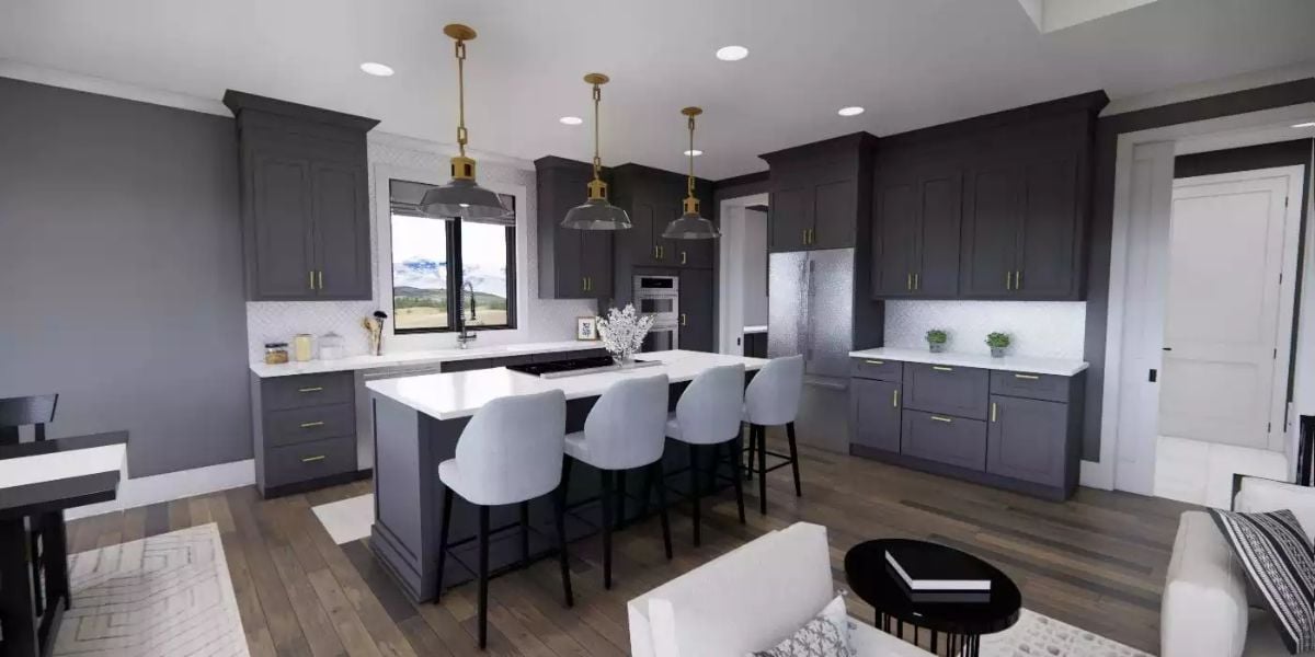 Open-Concept Kitchen with Charcoal Shaker Cabinets and Pendant Lighting