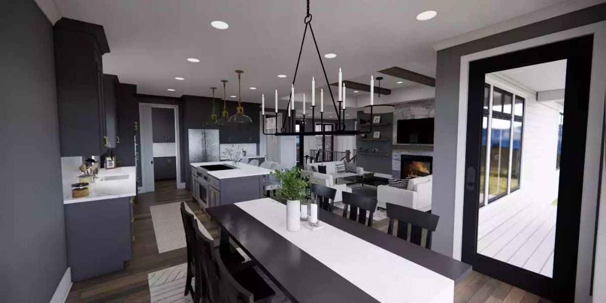 Expansive Dining and Living Area with Black Chandelier and Fireplace