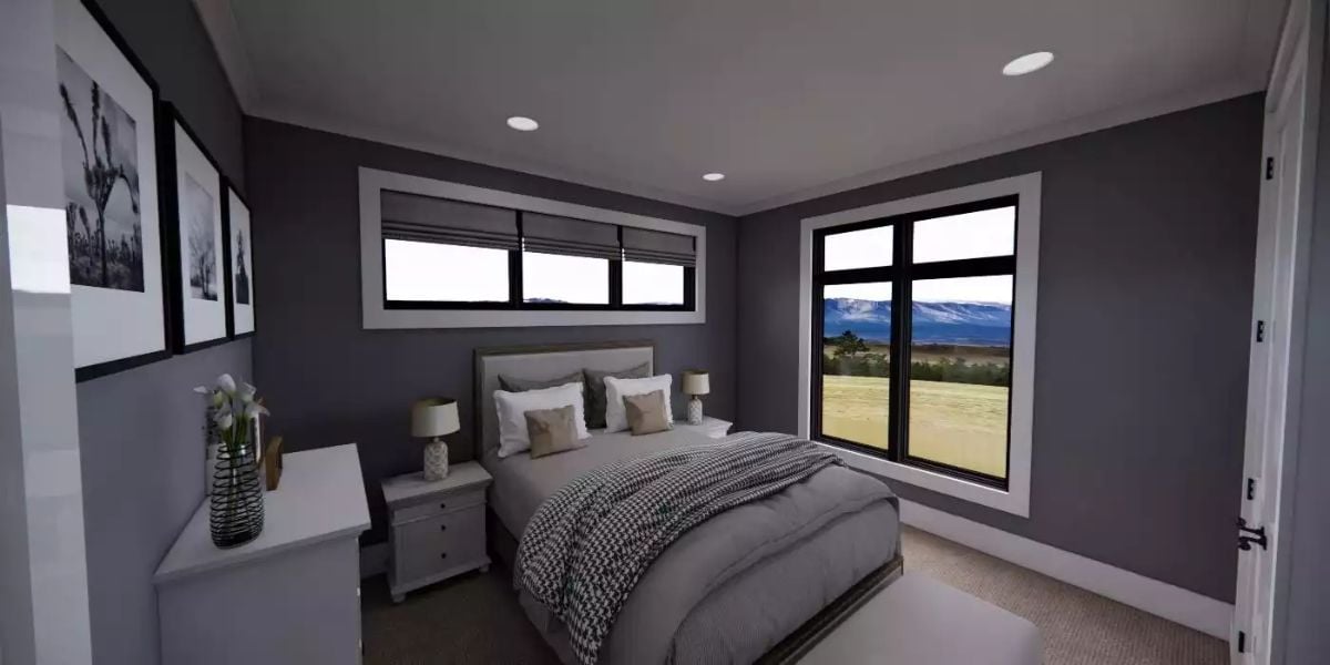 Primary Bedroom with Charcoal Walls and Sliding Glass Door to Patio
