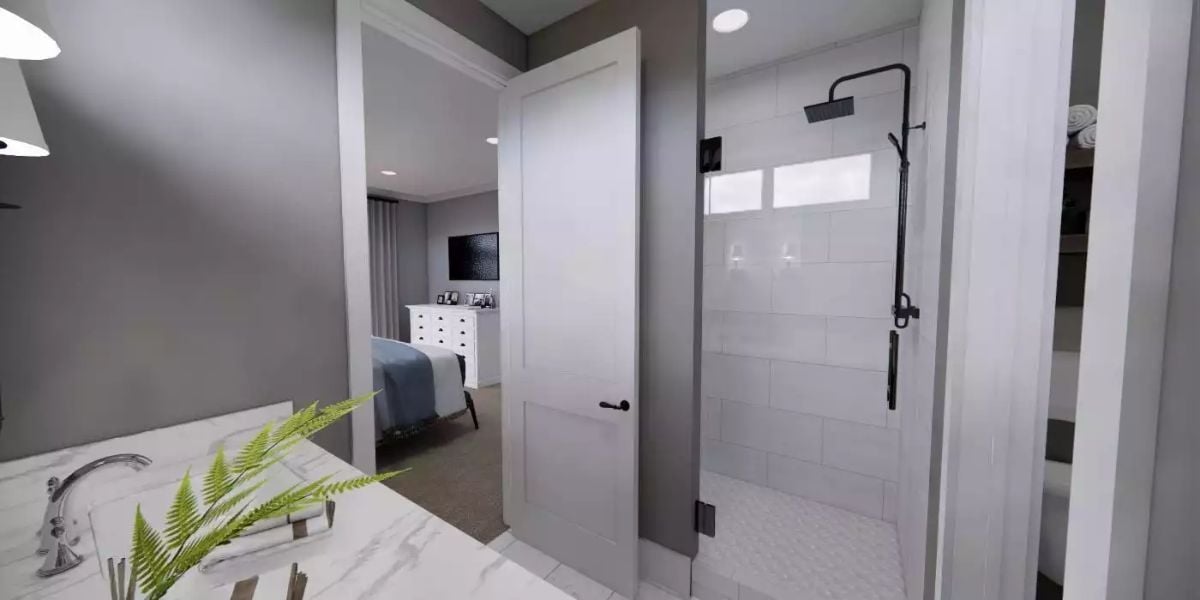 Primary Bathroom with Corner Soaking Tub and Glass-Enclosed Shower