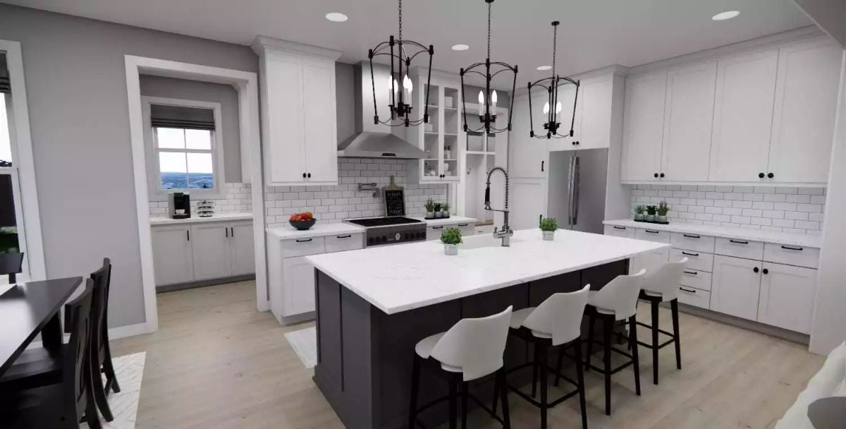 White and Charcoal Kitchen with Lantern Pendants and Waterfall Island