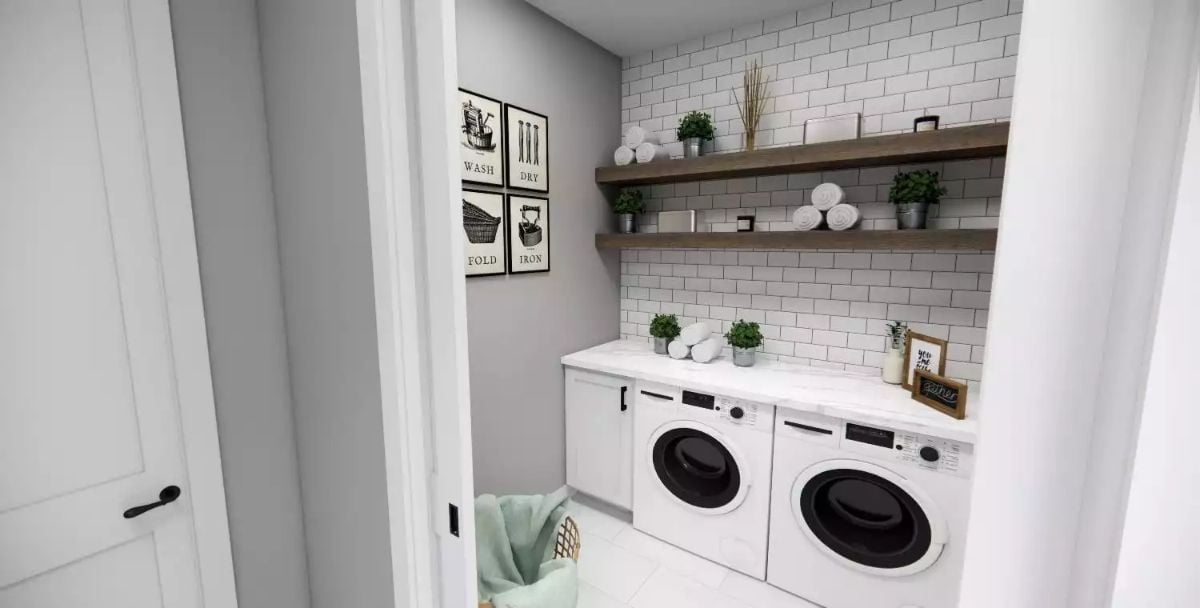 Laundry Room with Subway Tile Backsplash and Floating Wood Shelves
