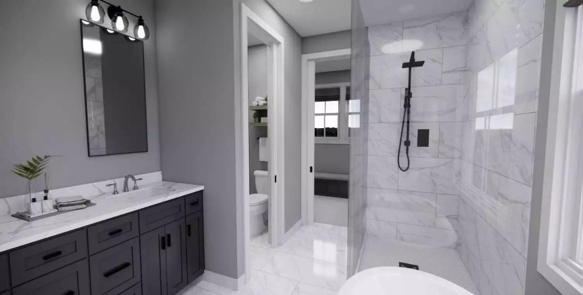 Jack and Jill Bathroom with Marble Tile Shower and Dual Vanity