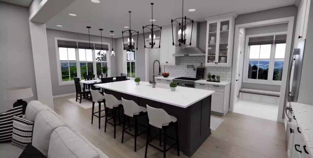 Open Kitchen with White Marble Island and Black Lantern Pendants