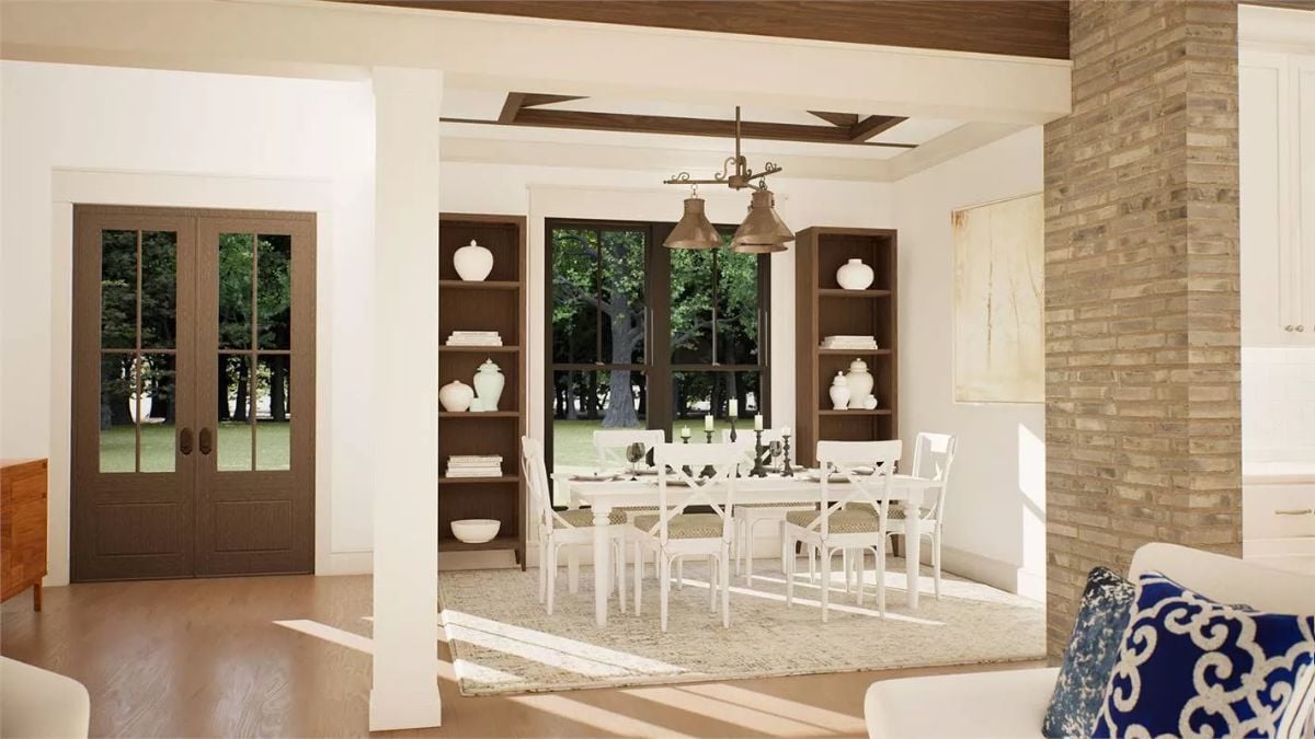 Warm Wood and White Furniture Define the Dining Room