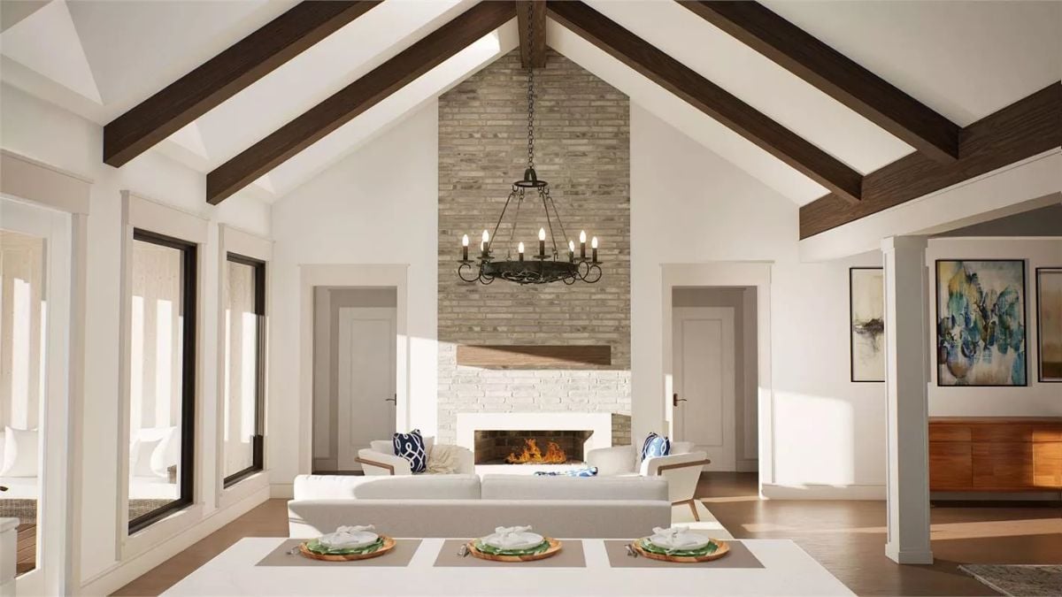 Vaulted Ceilings and a Stone Fireplace Anchor the Great Room