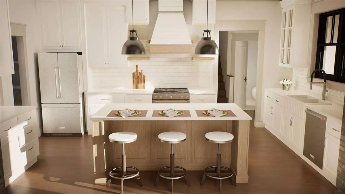 Warm White Cabinetry and a Wood Island Set the Tone in This Farmhouse Kitchen