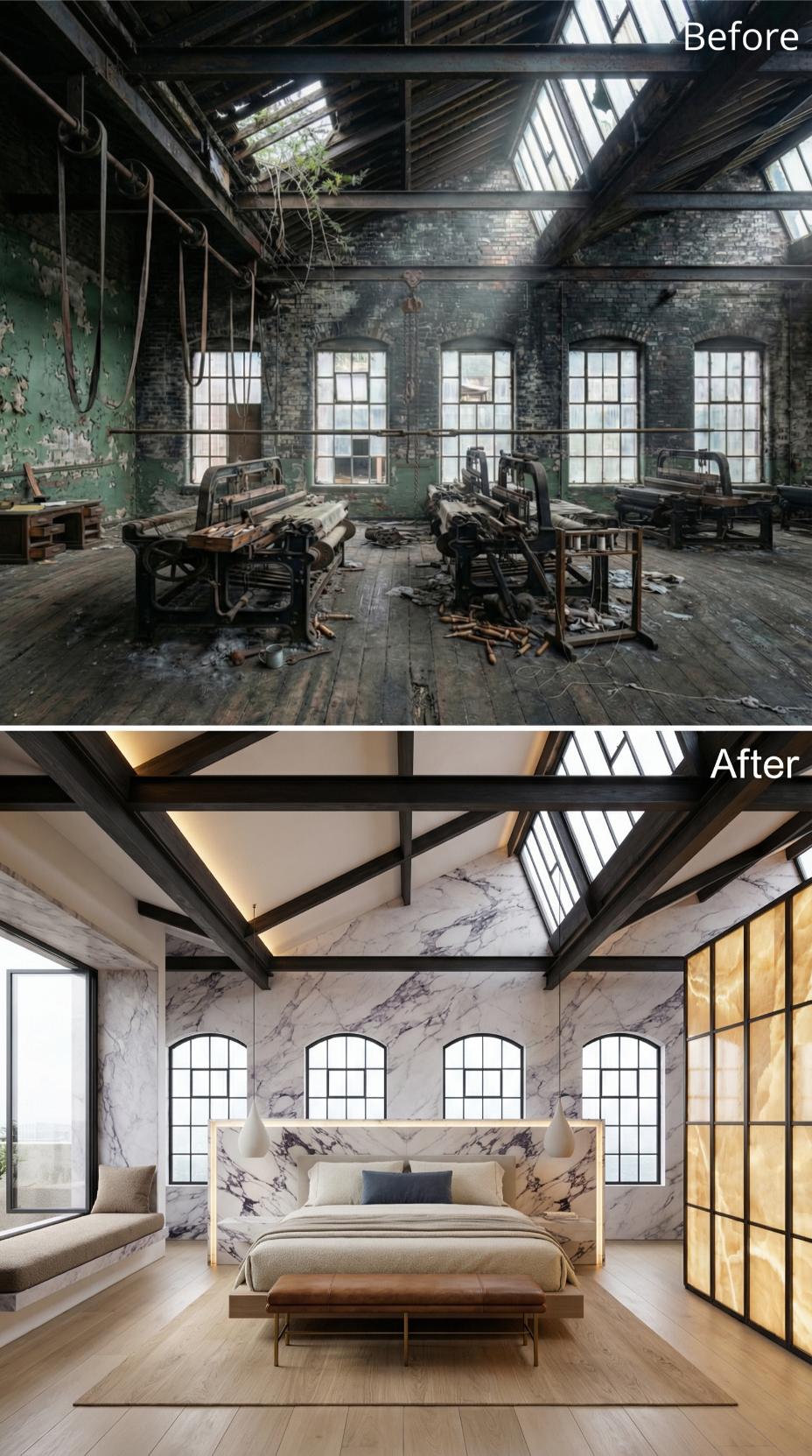 Marble Cladding and Preserved Steel Trusses Carry a Loom Floor Into Bedroom Calm