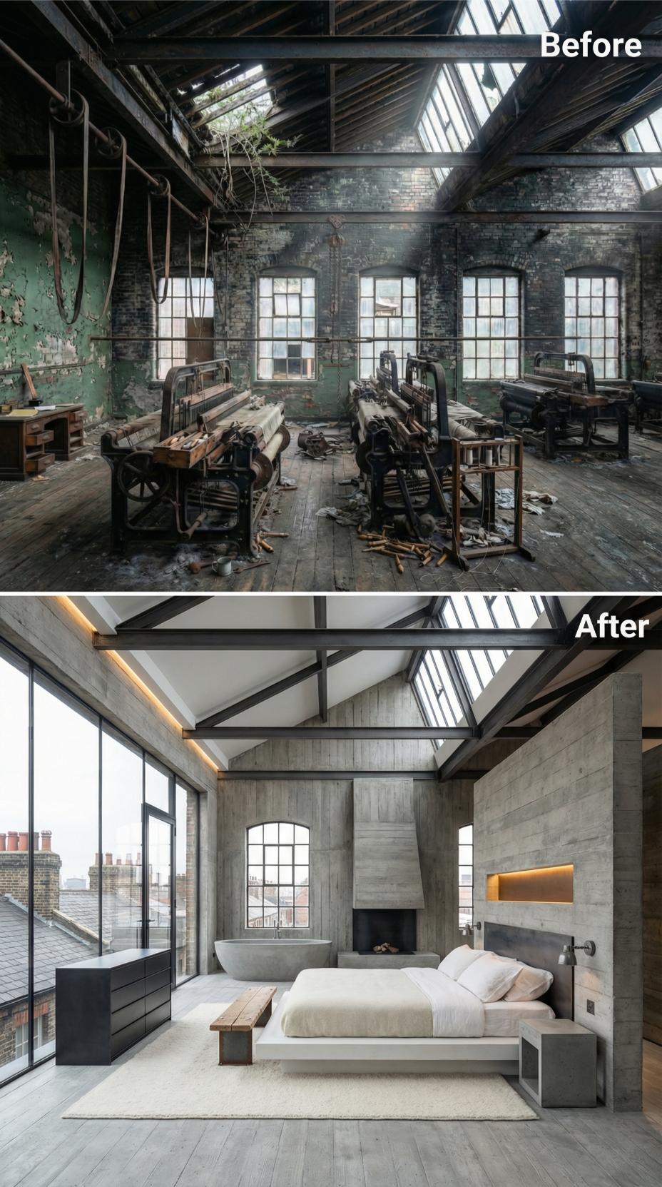 Raw Concrete Walls and Skylights Reclaim a Derelict Loom Floor in London