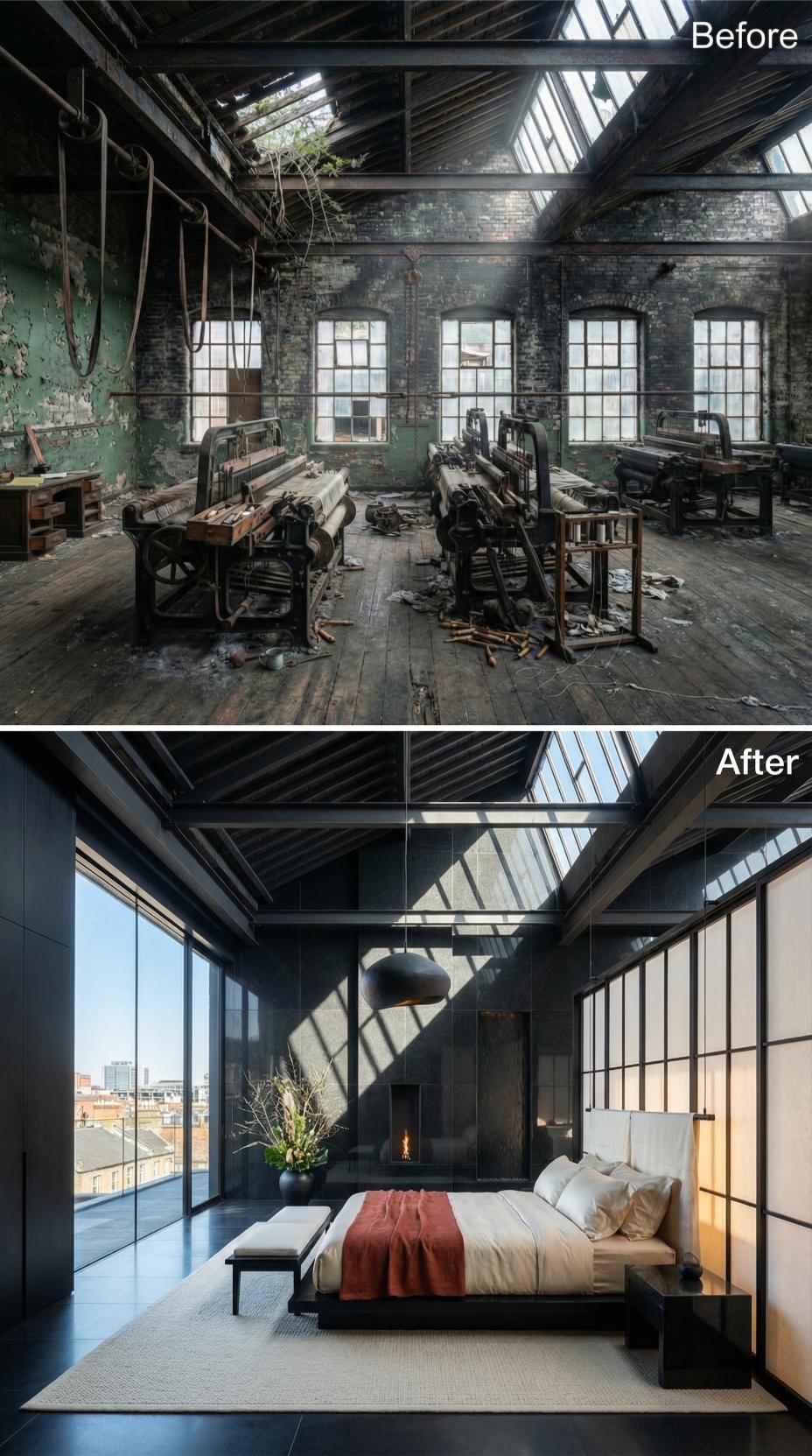 Blackened Steel Roof Trusses Anchor a Loft Bedroom Above London's Rooftops