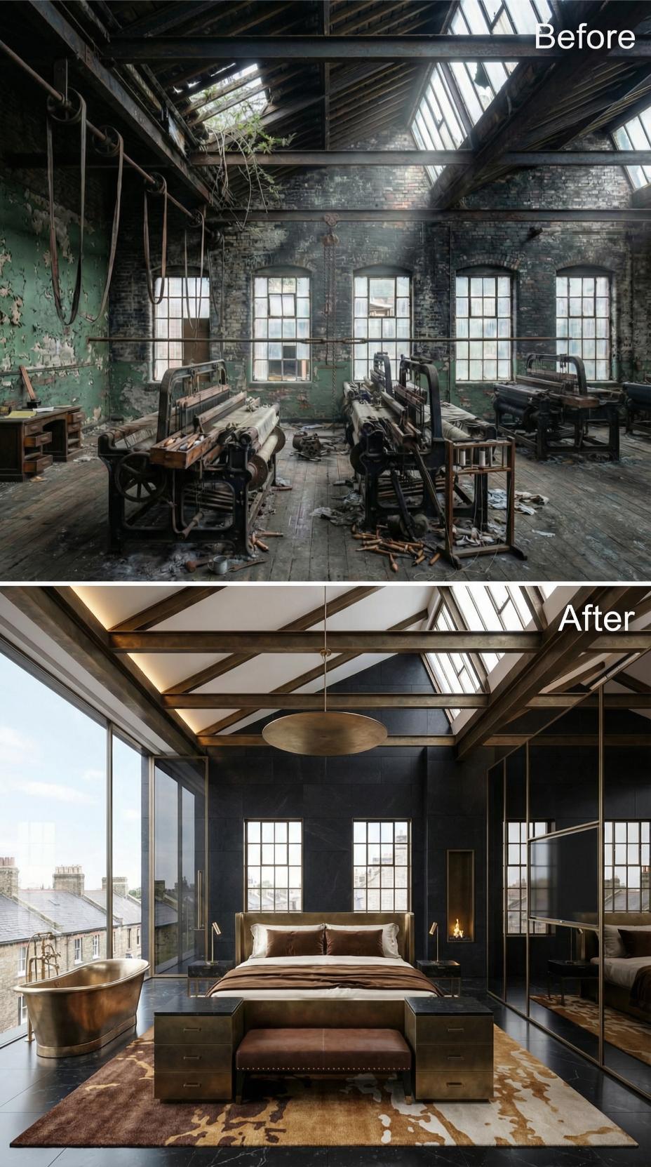 Brass Fittings and Black Marble Pull an Abandoned Loom Floor Into the Present