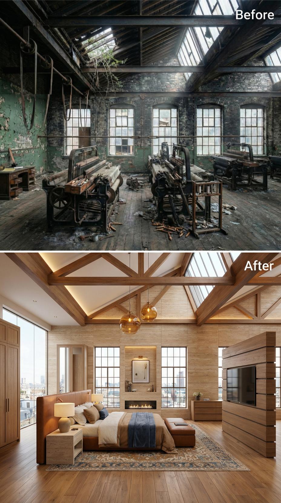 Pale Oak Trusses and Amber Pendants Reclaim a Victorian Loom Floor