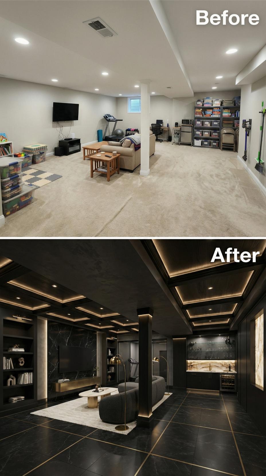 Geometric Coffered Ceiling with LED Accent Strips Commands Refined Black Lounge