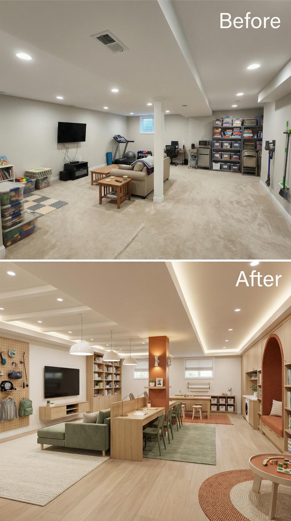 Scandinavian Playroom with Cove Lighting and Burnt Orange Accent Wall