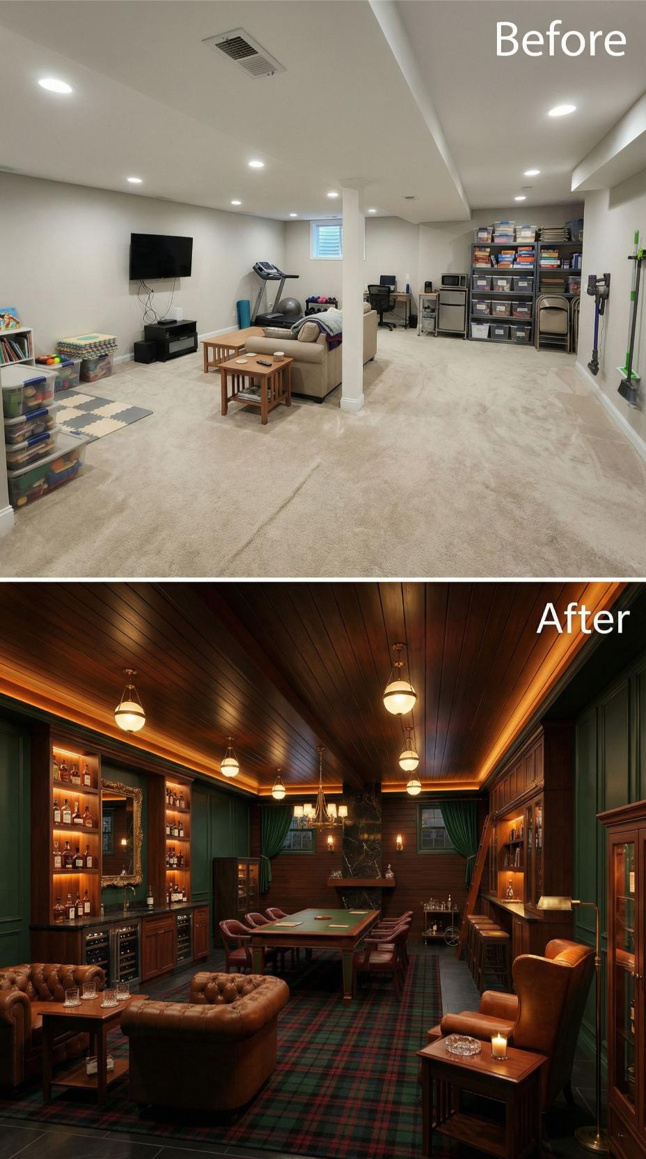 Rich Walnut Paneling and Poker Table Convert Utilitarian Storage Space