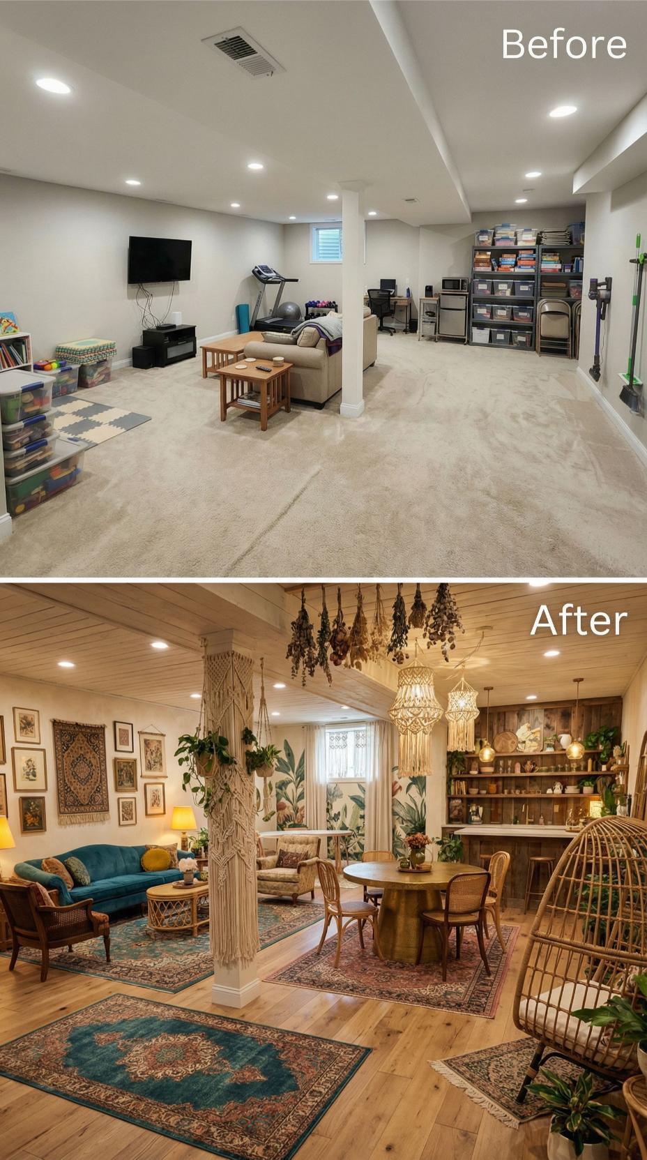 Bohemian Oasis with Macramé and Dried Florals Transforms Beige Carpeted Playroom