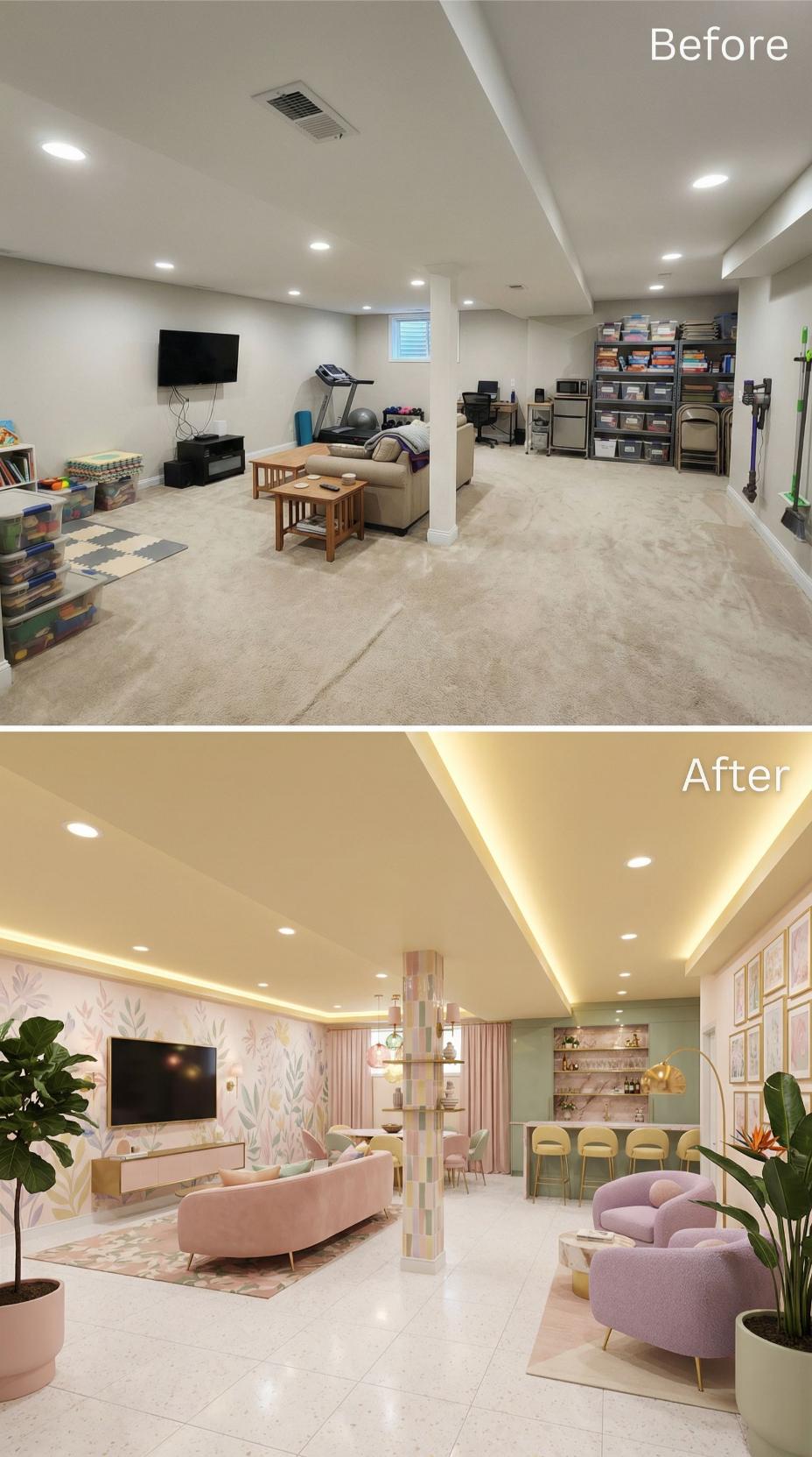 Blush Velvet Seating and Floral Wallpaper Erase Concrete Gray Utility Room