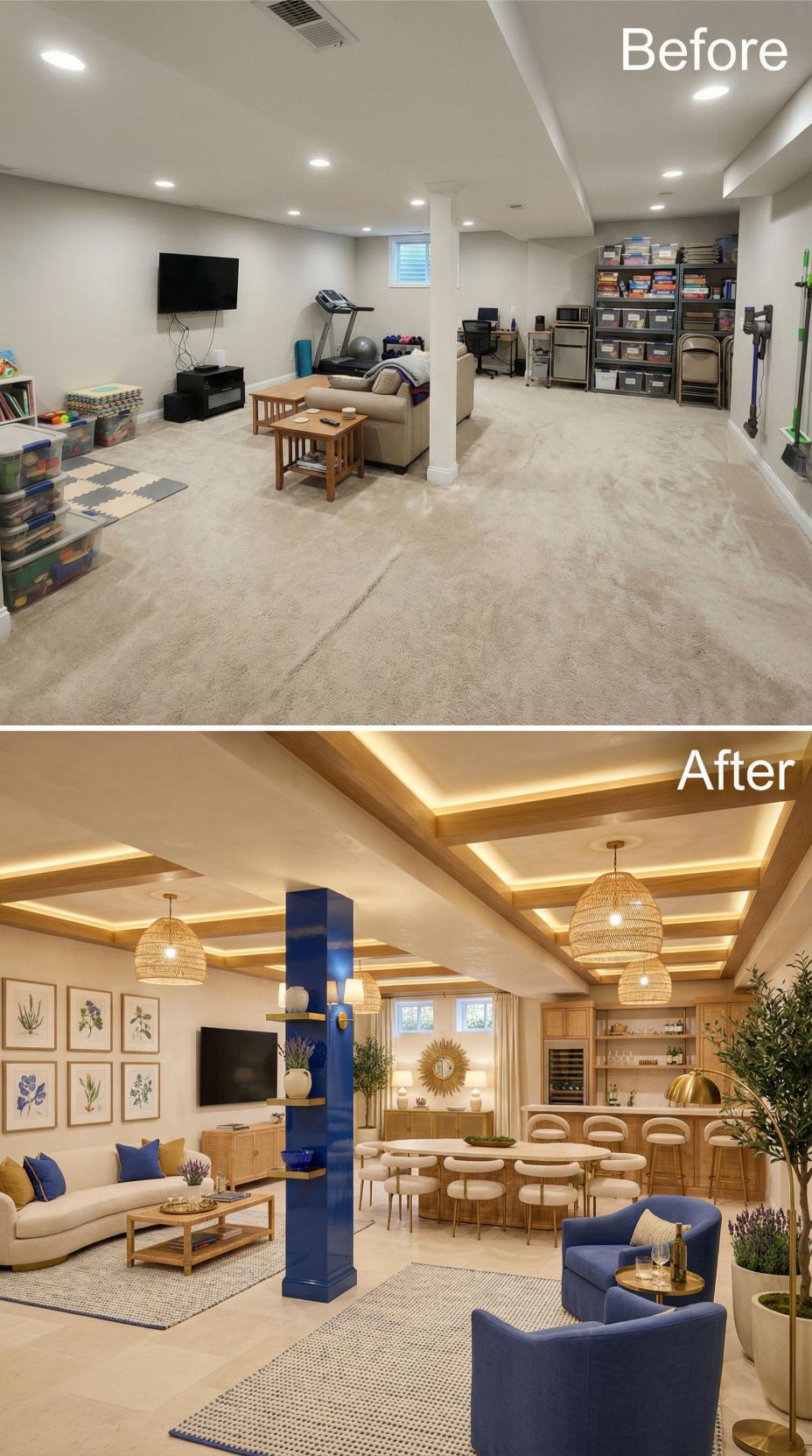 Navy Column and Coffered Wood Beams Anchor Coastal-Inspired Bar Lounge