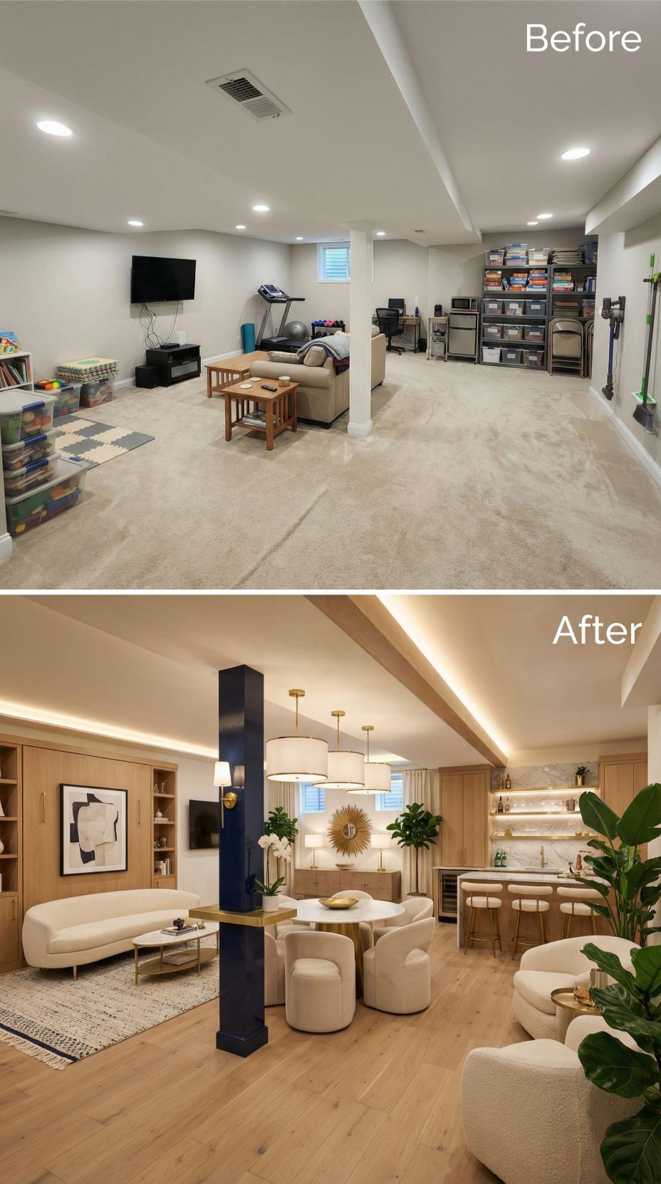 Natural Oak Built-Ins and Cove LED Strip Lights Replace Utilitarian Workout Corner