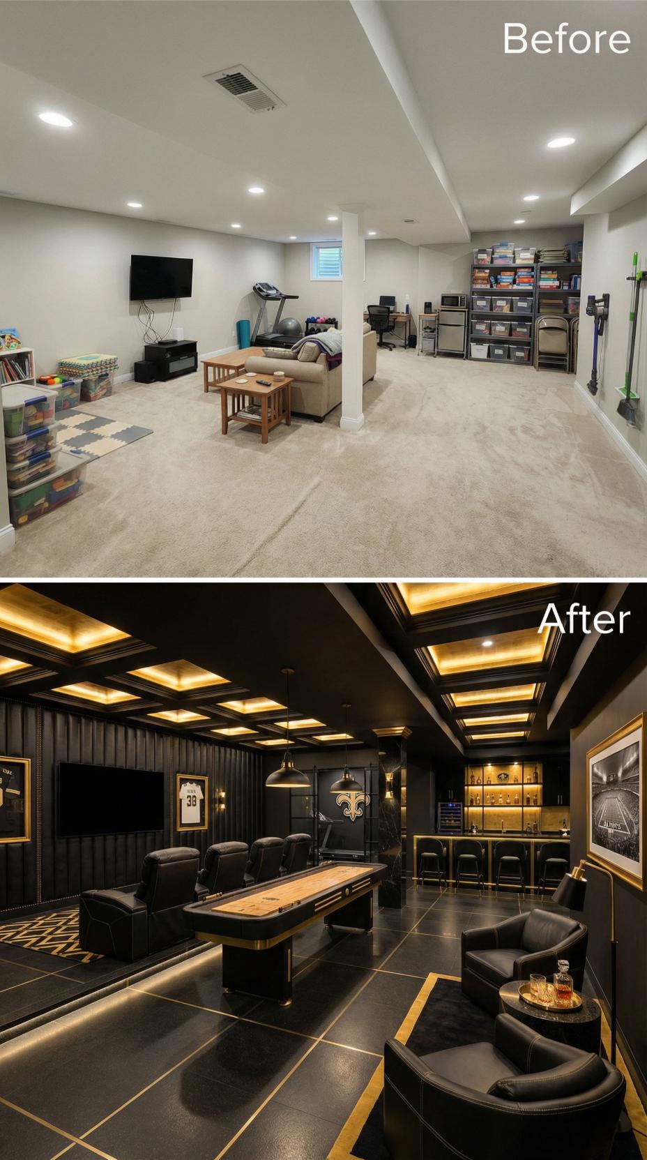 Black and Gold Drama Anchored by Coffered Ceiling Grids and Shuffleboard