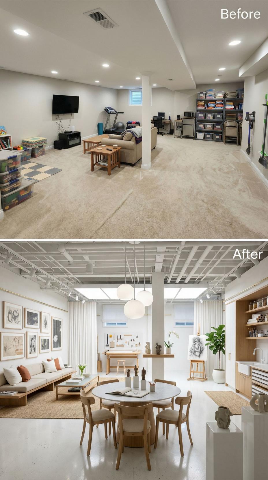 Exposed White Grid Ceiling and Gallery Wall Replace Beige Carpeted Rec Room